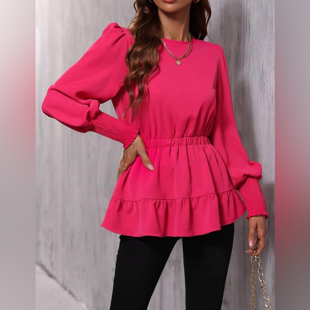 Lantern Sleeve Ruffle Hem Blouse